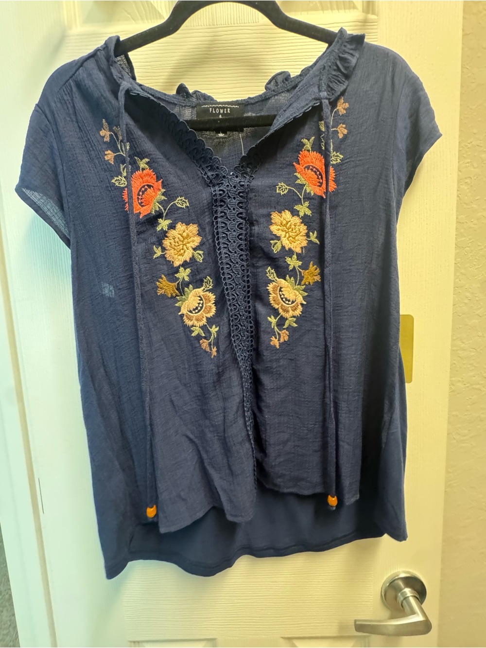 Flower Navy Embroidered Short-Sleeve Peasant Blouse